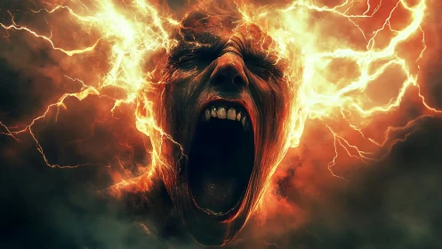 Human head engulfed in fiery electrical energy discharge.