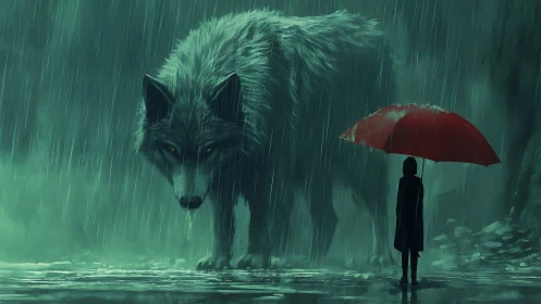 Giant wolf and lone figure under red umbrella in rain.