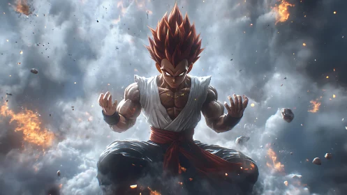 Dynamic anime warrior in explosive atmospheric composition.