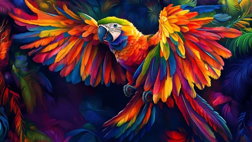 Vibrant Macaw in Flight, Digital Art with Bold Colorful Feathers.