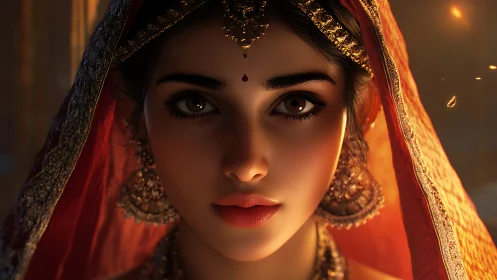 Woman in ornate red veil stares directly into warm camera light