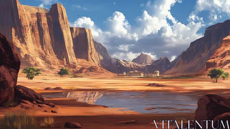 Desert basin with cliffs, sparse trees, and distant settlement.