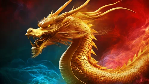 Radiant golden dragon coils proudly in swirling colored fire