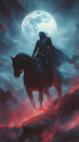 Lone armored rider crosses a burning ridge beneath the full moon.