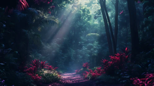 Mystical jungle pathway bathed in ethereal light rays