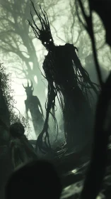Twisted forest wraiths advance through fog toward viewer