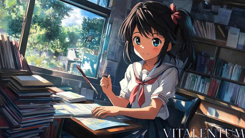 Sunlit schoolgirl enjoys a peaceful afternoon study session