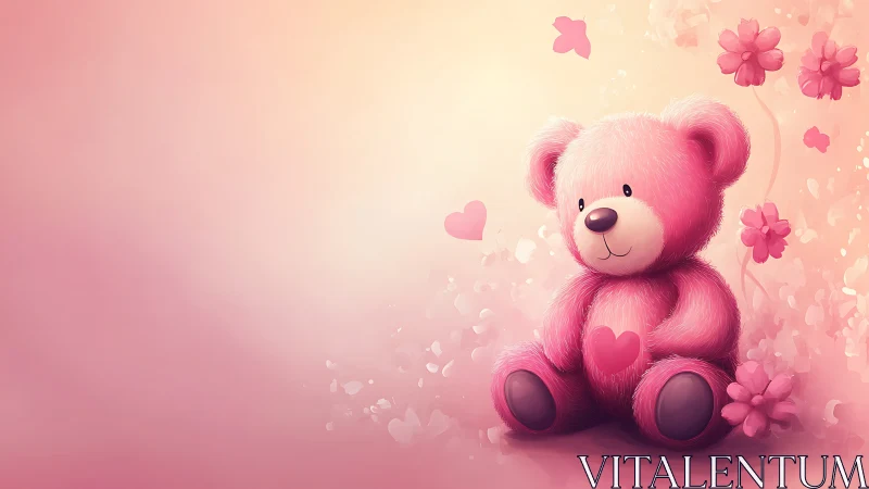 Pink plush teddy bear in soft-focus romantic digital scene.