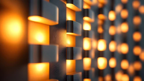 Modern geometric wall lights with warm orange glow, abstract style.