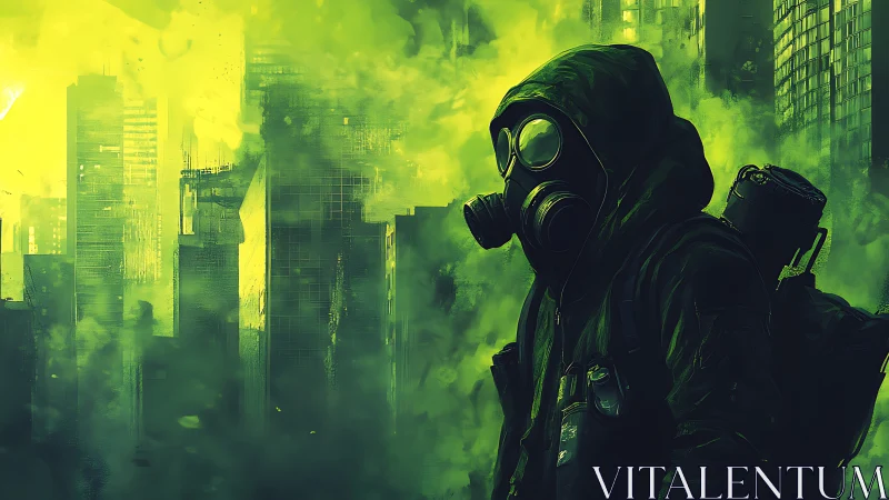Figure in gas mask stands before toxic green cityscape