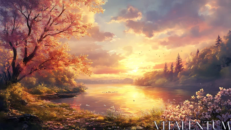 Sunset paints blossom-laced riverbanks in molten spring light