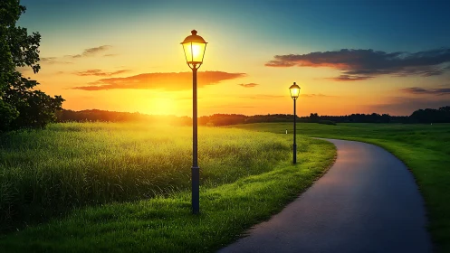 Sunset path glows beneath lamplight in serene green meadows.
