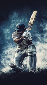 Dynamic cricket batsman in mid-swing with dramatic dust burst.