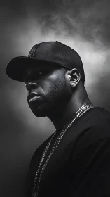 Moody black and white portrait of man in cap and chains.