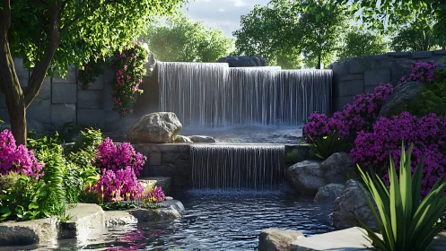 Photoreal garden waterfall with tiered stone basin and blooms