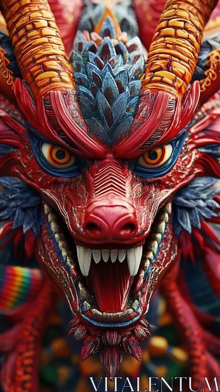 Vibrant horned dragon roars with intricate scaled detail.