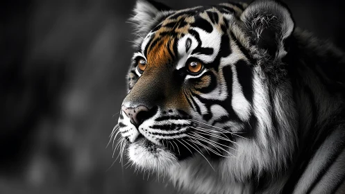 Close-up portrait of tiger with intense amber eyes.