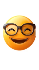 Smiling yellow emoji face with black glasses on white.