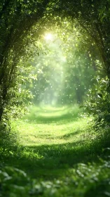 Luminous Tree Tunnel Path with Radiant Sunlight.