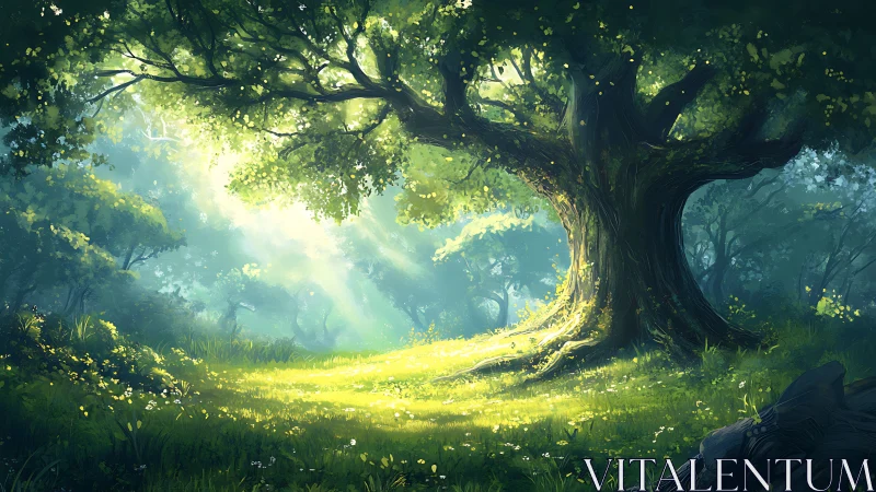 Sunlit Forest Sanctuary: Where Ancient Trees Meet Golden Light.