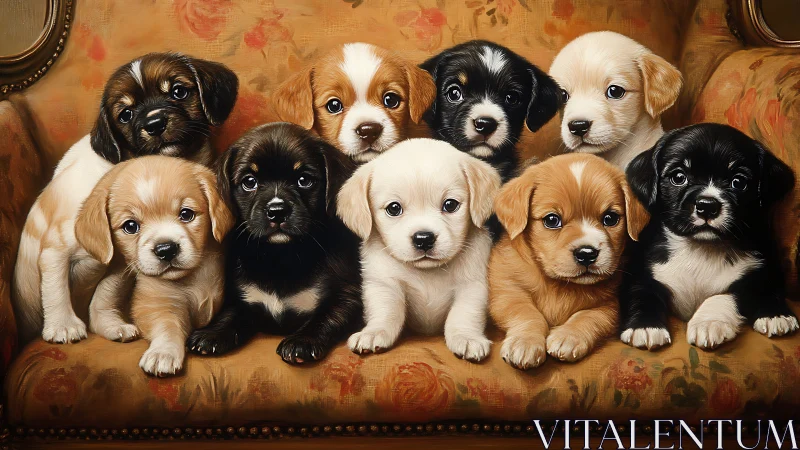 Row of small puppies resting closely on vintage floral sofa