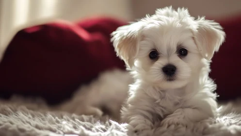 Fluffy white puppy resting softly on a cozy bed.