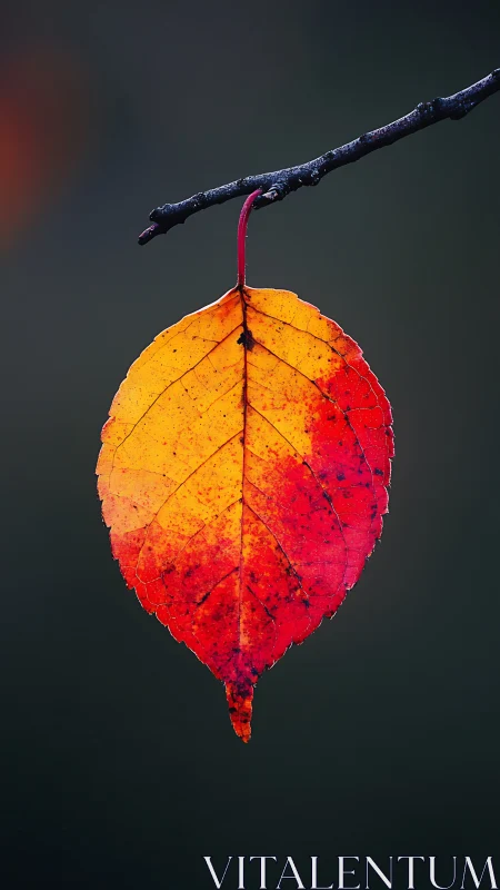 Single autumn leaf glowing red and orange against darkness.