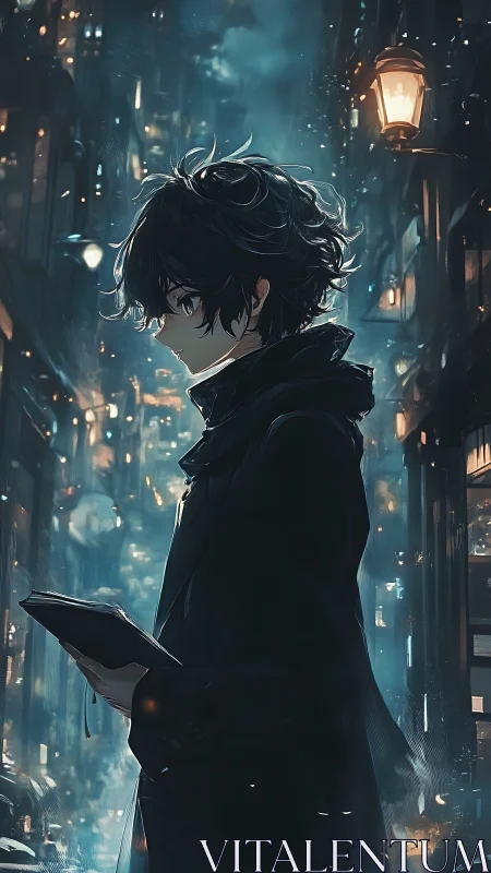 Side profile of youth holding book in dense lit cityscape