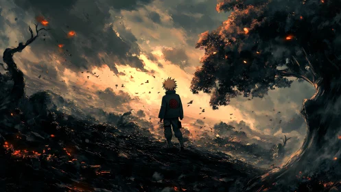 Solitary figure in burning landscape under turbulent sky.
