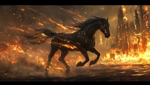 Fire-scarred midnight stallion sprints through a burning city