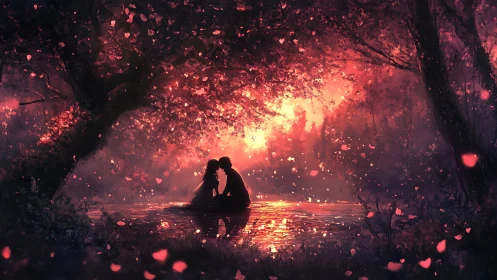 Silhouetted couple embracing in luminous forest paradise.
