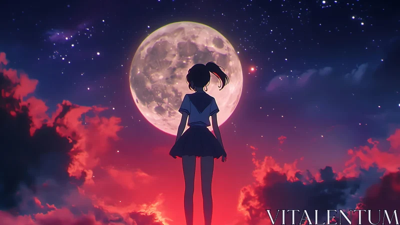 Moonlit schoolgirl gazes up at a dreamy, star-filled sky
