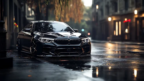 Low-slung performance sedan on rain-slick urban boulevard at dusk.