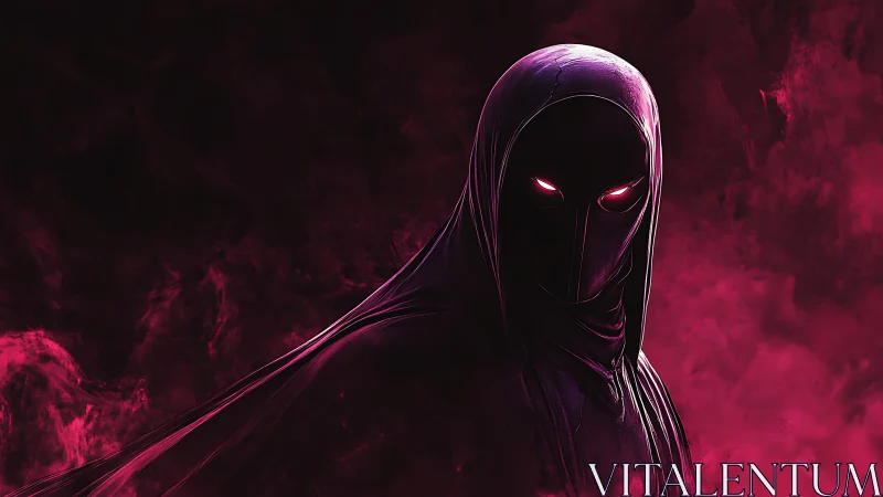 Shrouded hooded figure radiates ominous neon magenta energy.