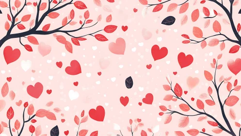 Red and Pink Hearts Scattered Among Tree Branches with Leaves