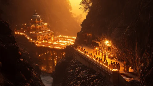 Terraced canyon temple illuminated by ritual flame arrays.