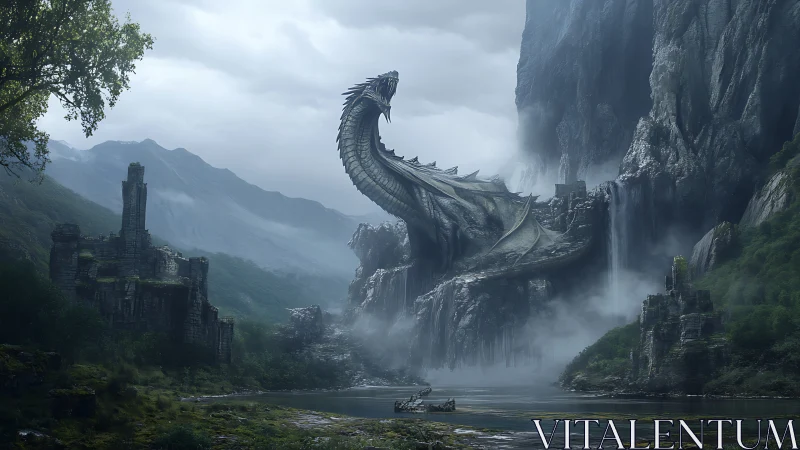 Monolithic stone dragon coils through foggy valley ruins and falls