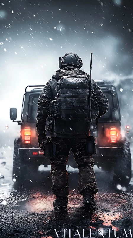 Heavily equipped soldier approaching tactical SUV in snowfall