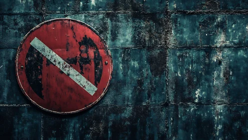 Corroded no-entry road sign on weathered teal concrete wall