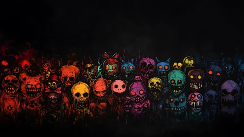 Neon skull creatures stare out from a vivid cosmic void