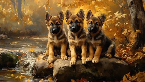 Three curious shepherd puppies by a golden autumn stream.