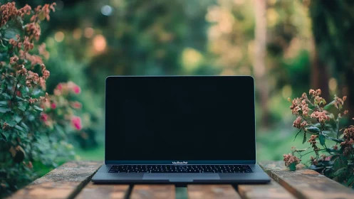 Closed laptop computer is positioned on an outdoor wooden table