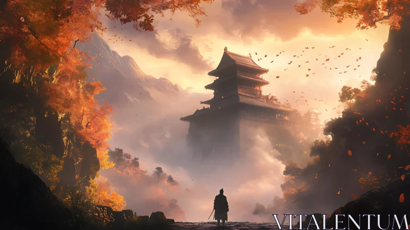 Lone samurai faces misty mountain temple at autumn dawn