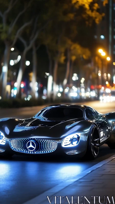 Futuristic Mercedes concept car drives on illuminated city street