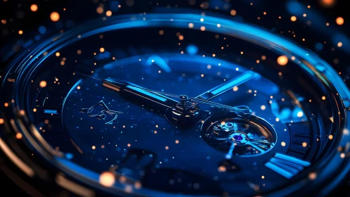Elegant luxury watch face in dramatic blue lighting, macro style.