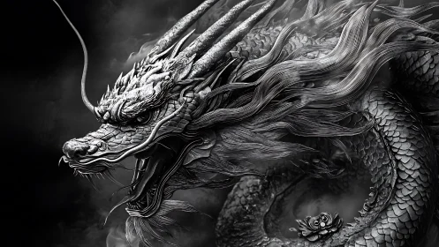 Monochrome high-detail dragon render shows coiled head profile