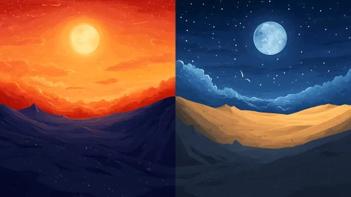 Twin desert skies trade sunfire and moonlight in vivid dialogue.