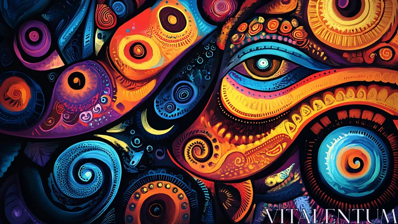 Vibrant swirling vision of color, pattern, and watching eye.