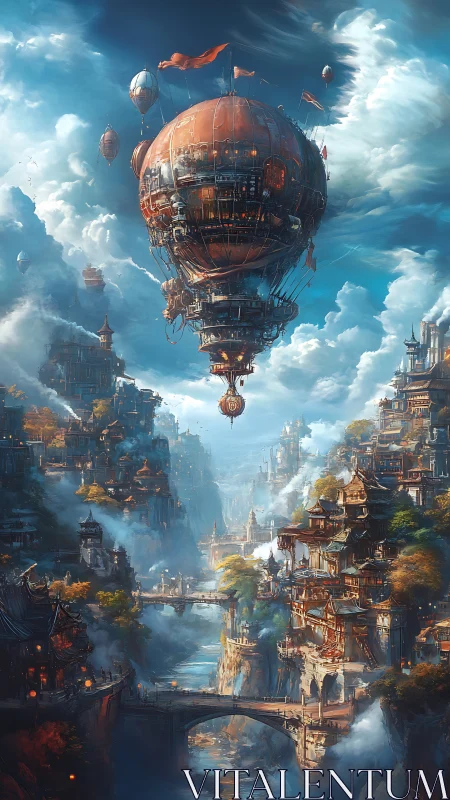 Steampunk airship drifts above vertical river cityscape