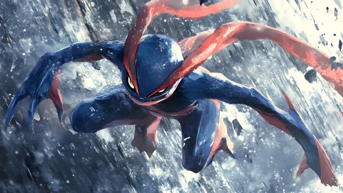 Blue ninja creature leaps through storm of shattered ice.